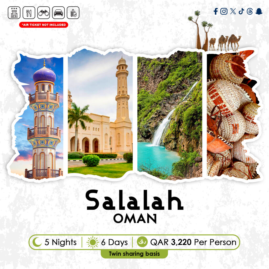 Explore the natural wonders of Salalah with our 5-day guided tour package. Beaches, green valleys, and stunning waterfalls await in Oman.
