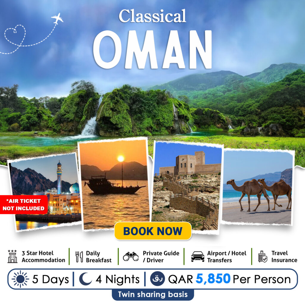 Explore Oman’s timeless wonders, from Muscat’s golden coast and majestic mosques to Salalah’s serene mountains with our 5-day tour package.